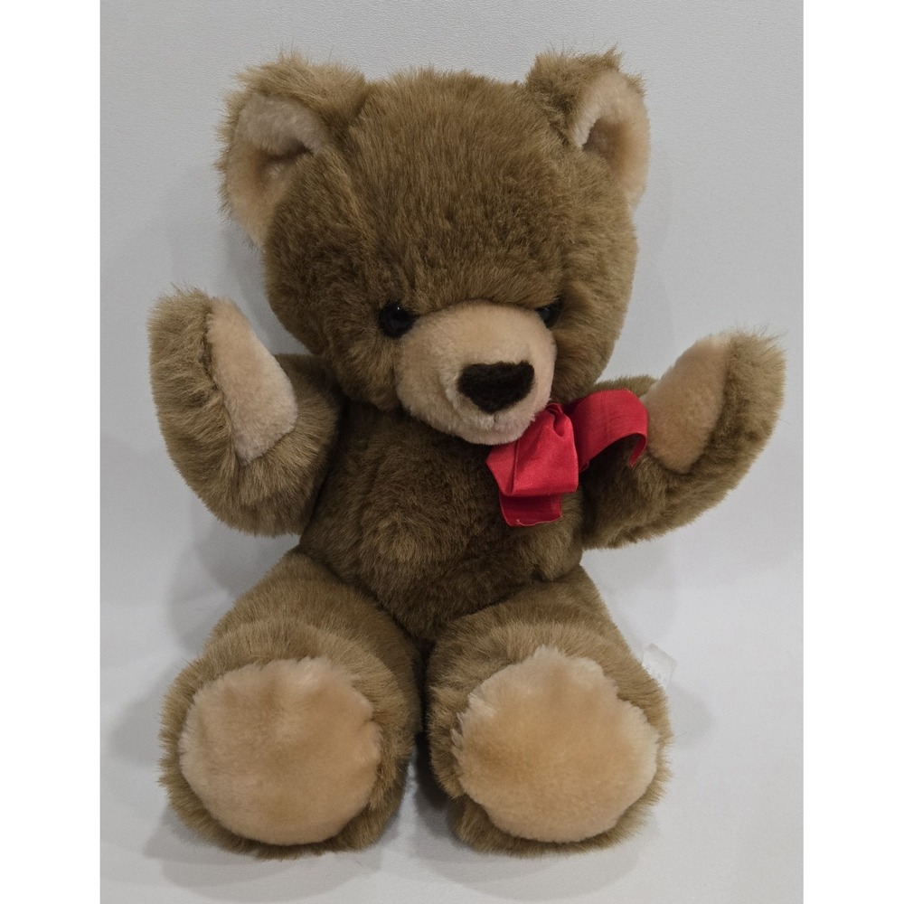 Vintage Eden Toys Brown Teddy Bear Plush Red Bow Tie Made in Korea 15"